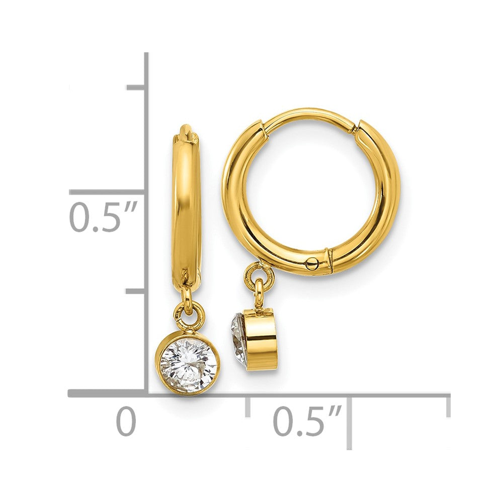 SRE1805 Chisel Stainless Steel Polished Yellow IP-plated White Zircon Dangle Hinged Hoop Earrings