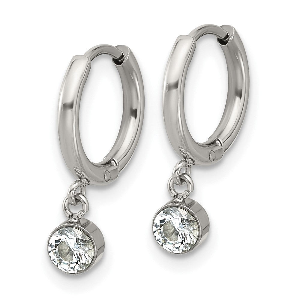 SRE1806 Chisel Stainless Steel Polished White Zircon Dangle Hinged Hoop Earrings