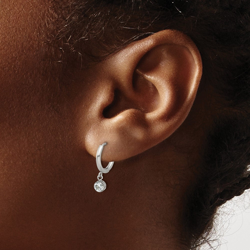 SRE1806 Chisel Stainless Steel Polished White Zircon Dangle Hinged Hoop Earrings