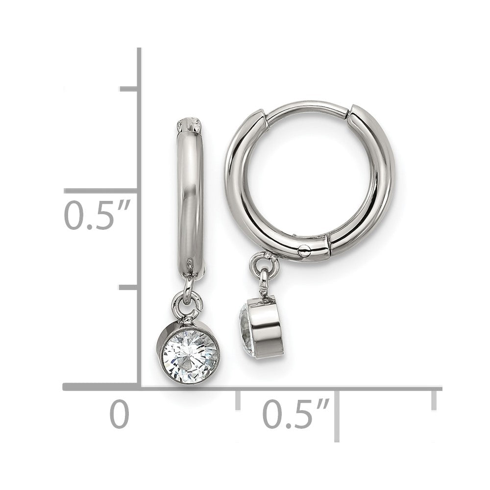 SRE1806 Chisel Stainless Steel Polished White Zircon Dangle Hinged Hoop Earrings