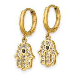 SRE1807 Chisel Stainless Steel Polished Yellow IP-plated Blue and White Zircon Hamsa Dangle Hinged Hoop Earrings