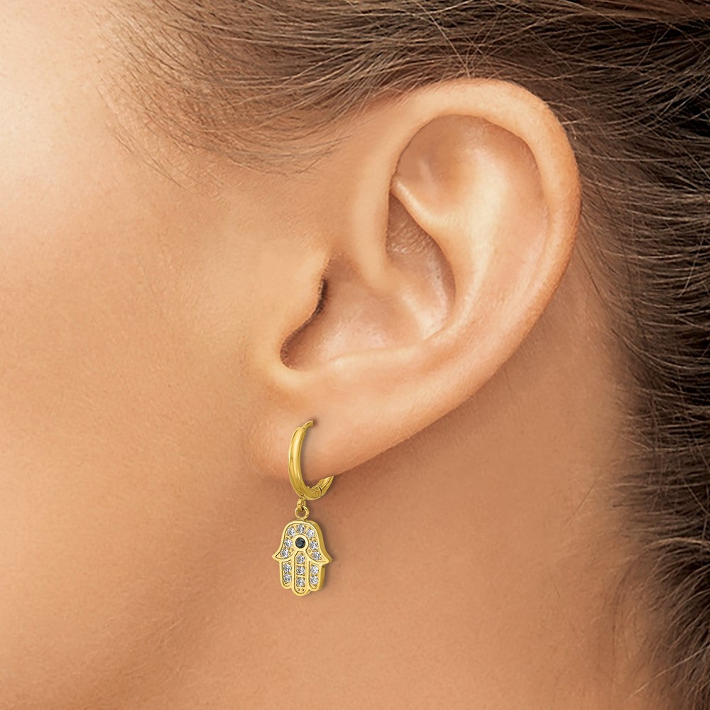 SRE1807 Chisel Stainless Steel Polished Yellow IP-plated Blue and White Zircon Hamsa Dangle Hinged Hoop Earrings
