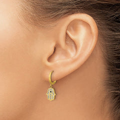 SRE1807 Chisel Stainless Steel Polished Yellow IP-plated Blue and White Zircon Hamsa Dangle Hinged Hoop Earrings