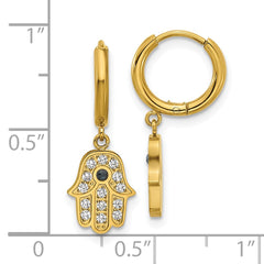 SRE1807 Chisel Stainless Steel Polished Yellow IP-plated Blue and White Zircon Hamsa Dangle Hinged Hoop Earrings