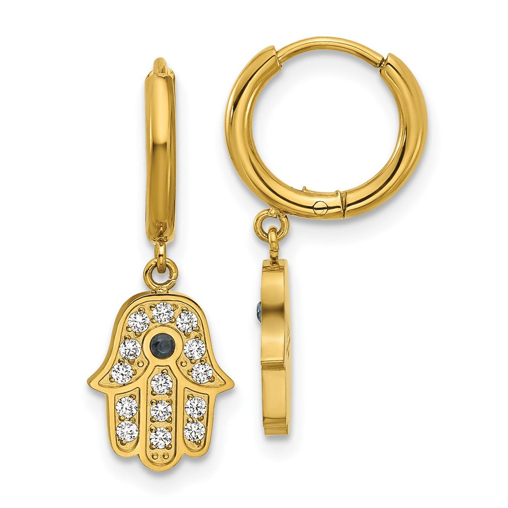 SRE1807 Chisel Stainless Steel Polished Yellow IP-plated Blue and White Zircon Hamsa Dangle Hinged Hoop Earrings