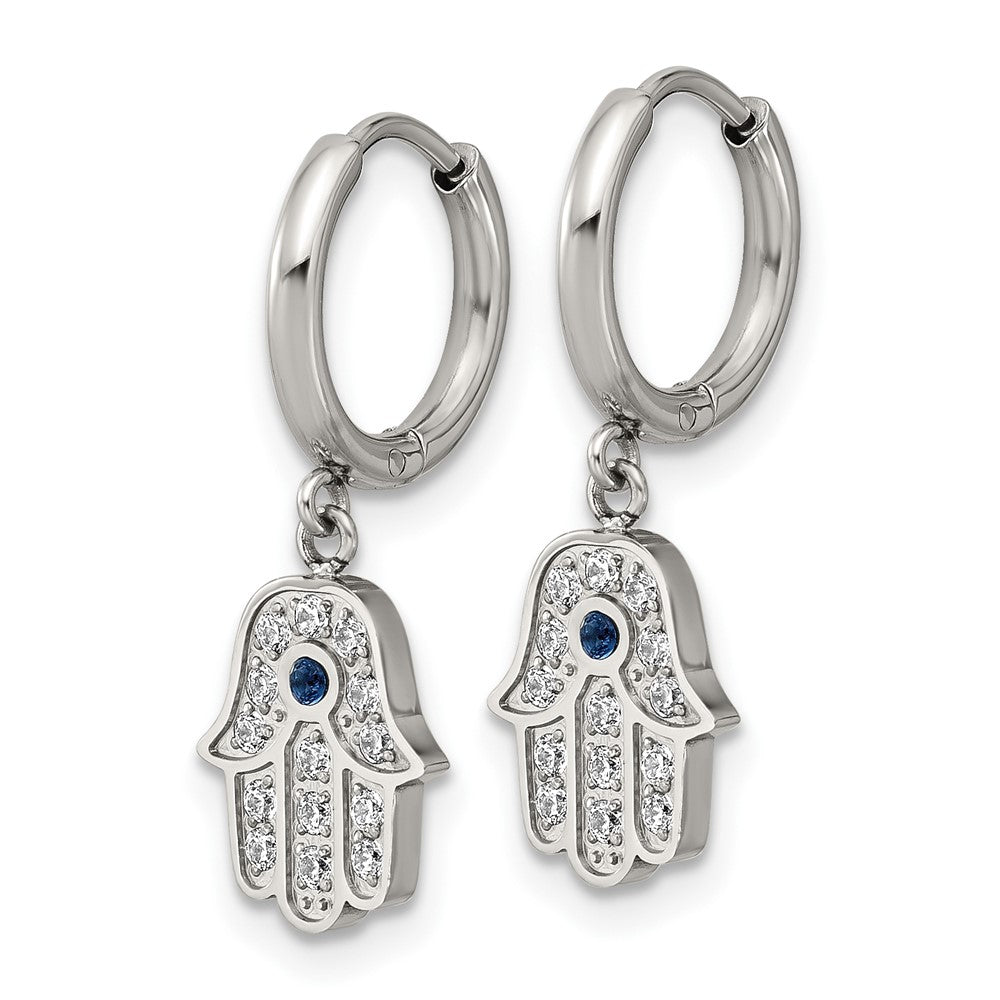 SRE1808 Chisel Stainless Steel Polished Blue and White Zircon Hamsa Dangle Hinged Hoop Earrings