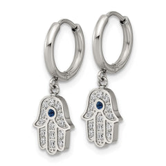 SRE1808 Chisel Stainless Steel Polished Blue and White Zircon Hamsa Dangle Hinged Hoop Earrings