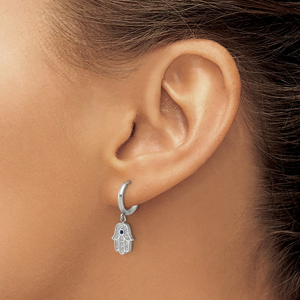 SRE1808 Chisel Stainless Steel Polished Blue and White Zircon Hamsa Dangle Hinged Hoop Earrings