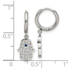 SRE1808 Chisel Stainless Steel Polished Blue and White Zircon Hamsa Dangle Hinged Hoop Earrings