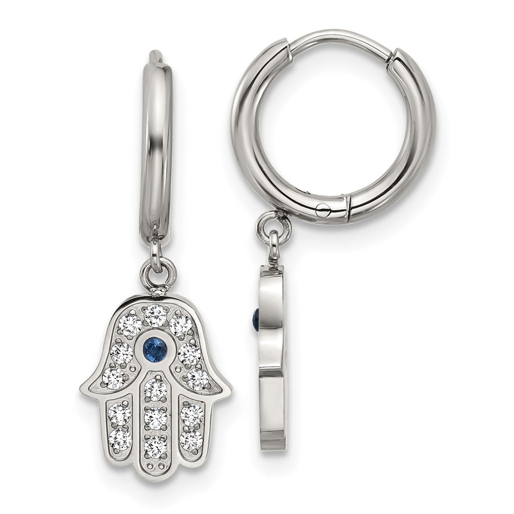 SRE1808 Chisel Stainless Steel Polished Blue and White Zircon Hamsa Dangle Hinged Hoop Earrings