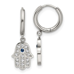 SRE1808 Chisel Stainless Steel Polished Blue and White Zircon Hamsa Dangle Hinged Hoop Earrings