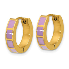 SRE1812 Stainless Steel Polished Yellow IP-plated Purple Enameled Hinged Hoop Earri