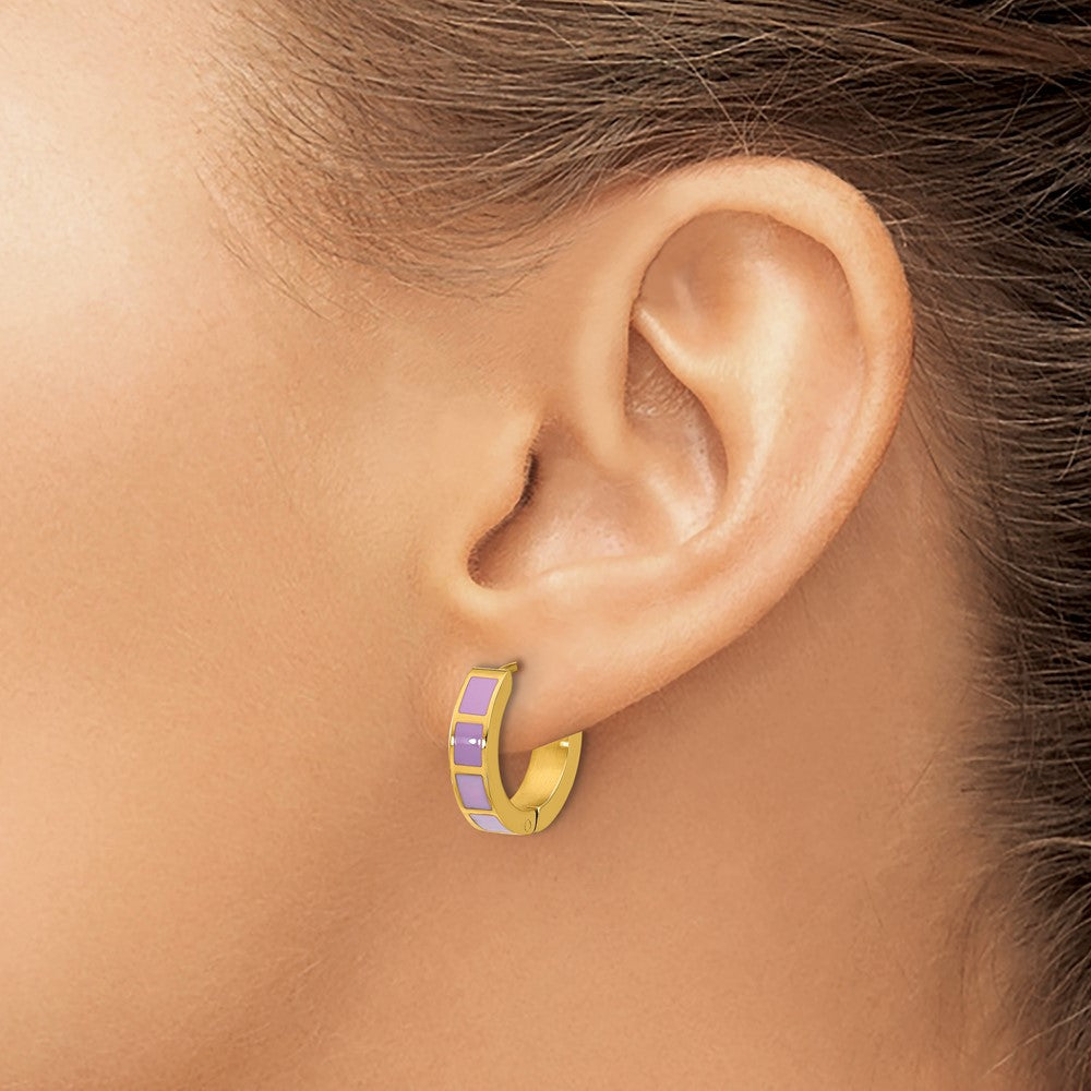 SRE1812 Stainless Steel Polished Yellow IP-plated Purple Enameled Hinged Hoop Earri