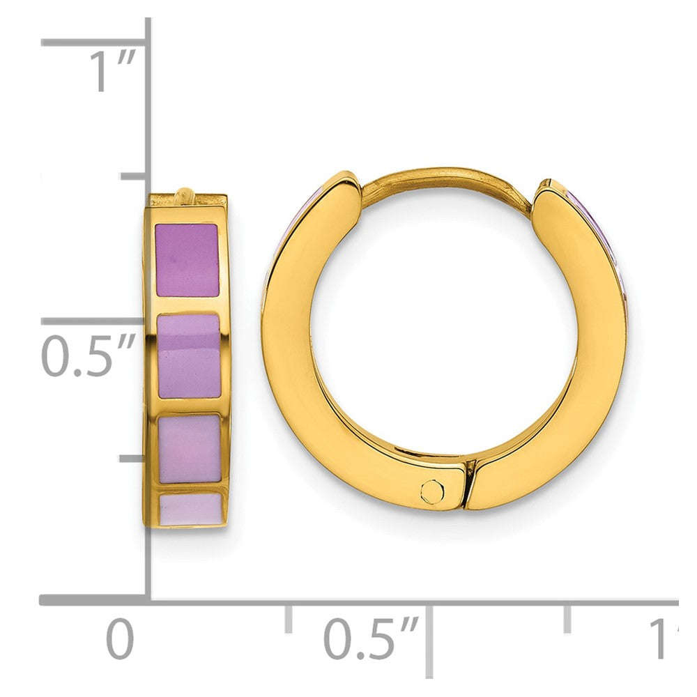 SRE1812 Stainless Steel Polished Yellow IP-plated Purple Enameled Hinged Hoop Earri