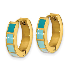 SRE1813 Stainless Steel Polished Yellow IP-plated Blue Enameled Hinged Hoop Earring
