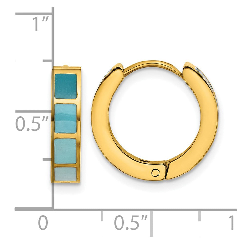 SRE1813 Stainless Steel Polished Yellow IP-plated Blue Enameled Hinged Hoop Earring