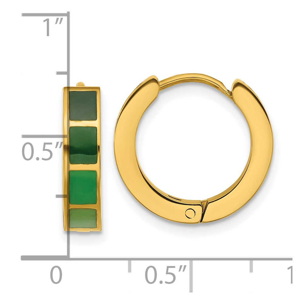 SRE1814 Stainless Steel Polished Yellow IP-plated Green Enameled Hinged Hoop Earrings