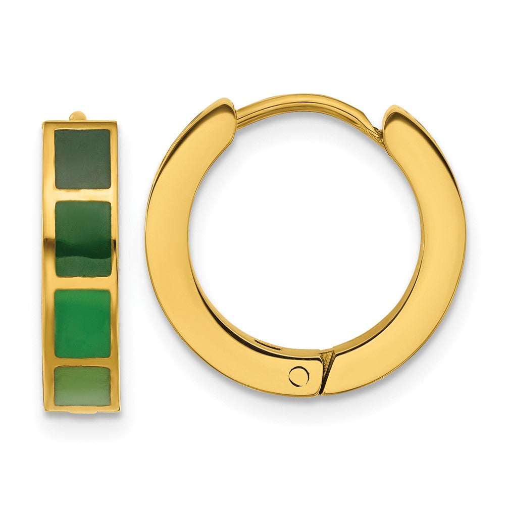SRE1814 Stainless Steel Polished Yellow IP-plated Green Enameled Hinged Hoop Earrings