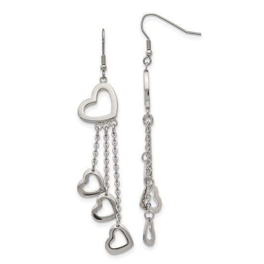 SRE240 Chisel Stainless Steel Polished Hearts Dangle Shepherd Hook Earrings