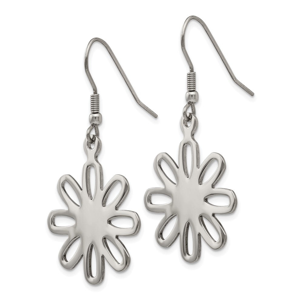 SRE268 Chisel Stainless Steel Polished Large Flower Dangle Shepherd Hook Earrings
