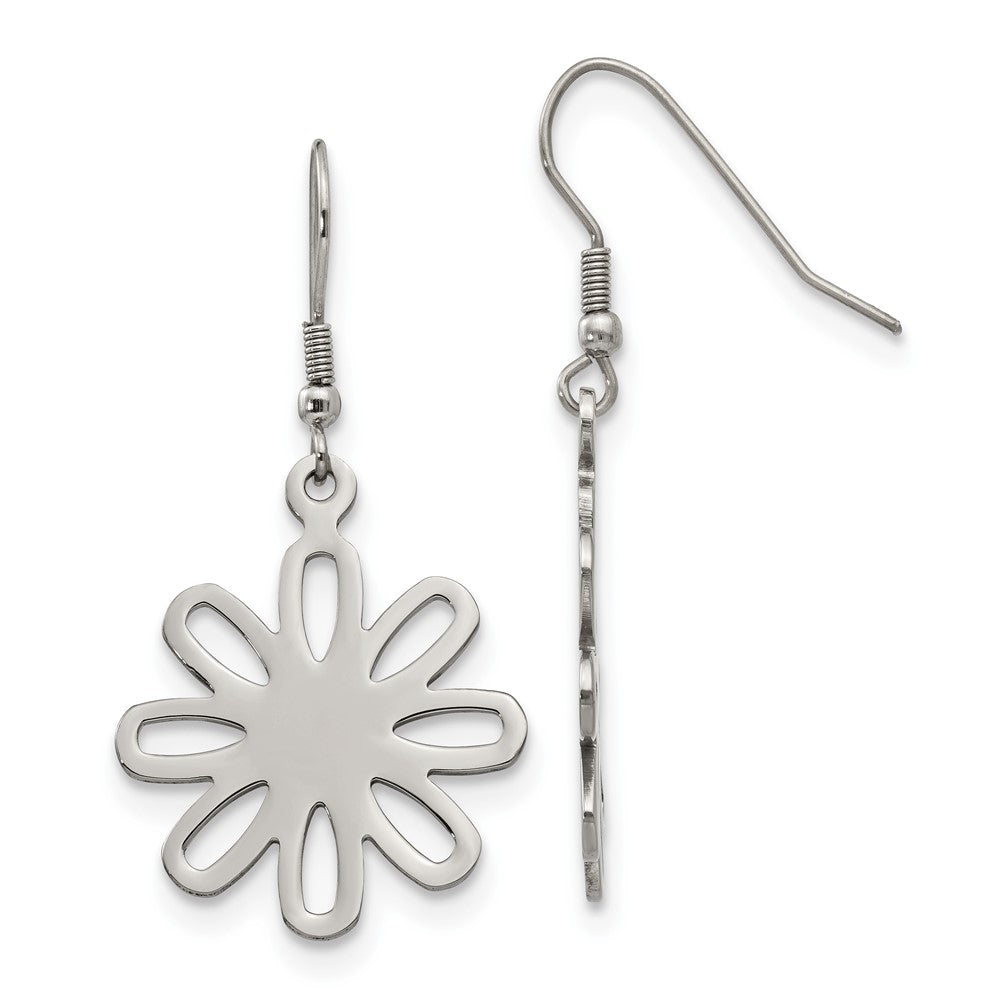 SRE268 Chisel Stainless Steel Polished Large Flower Dangle Shepherd Hook Earrings