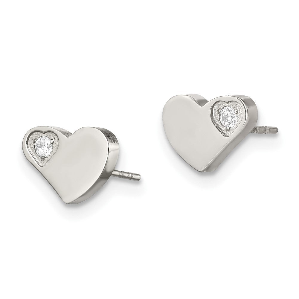 SRE316 Chisel Stainless Steel Polished with CZ Heart Post Earrings