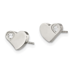 SRE316 Chisel Stainless Steel Polished with CZ Heart Post Earrings