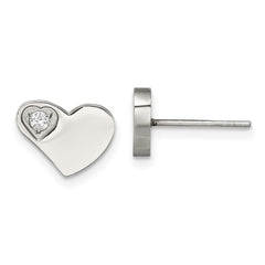SRE316 Chisel Stainless Steel Polished with CZ Heart Post Earrings