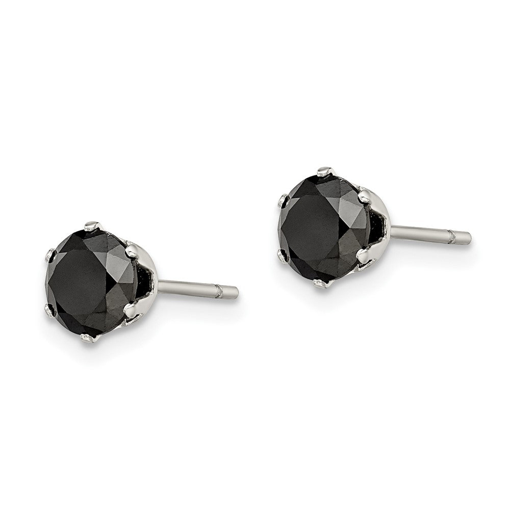 SRE323 Chisel Stainless Steel Polished 6mm Black Round CZ Stud Post Earrings