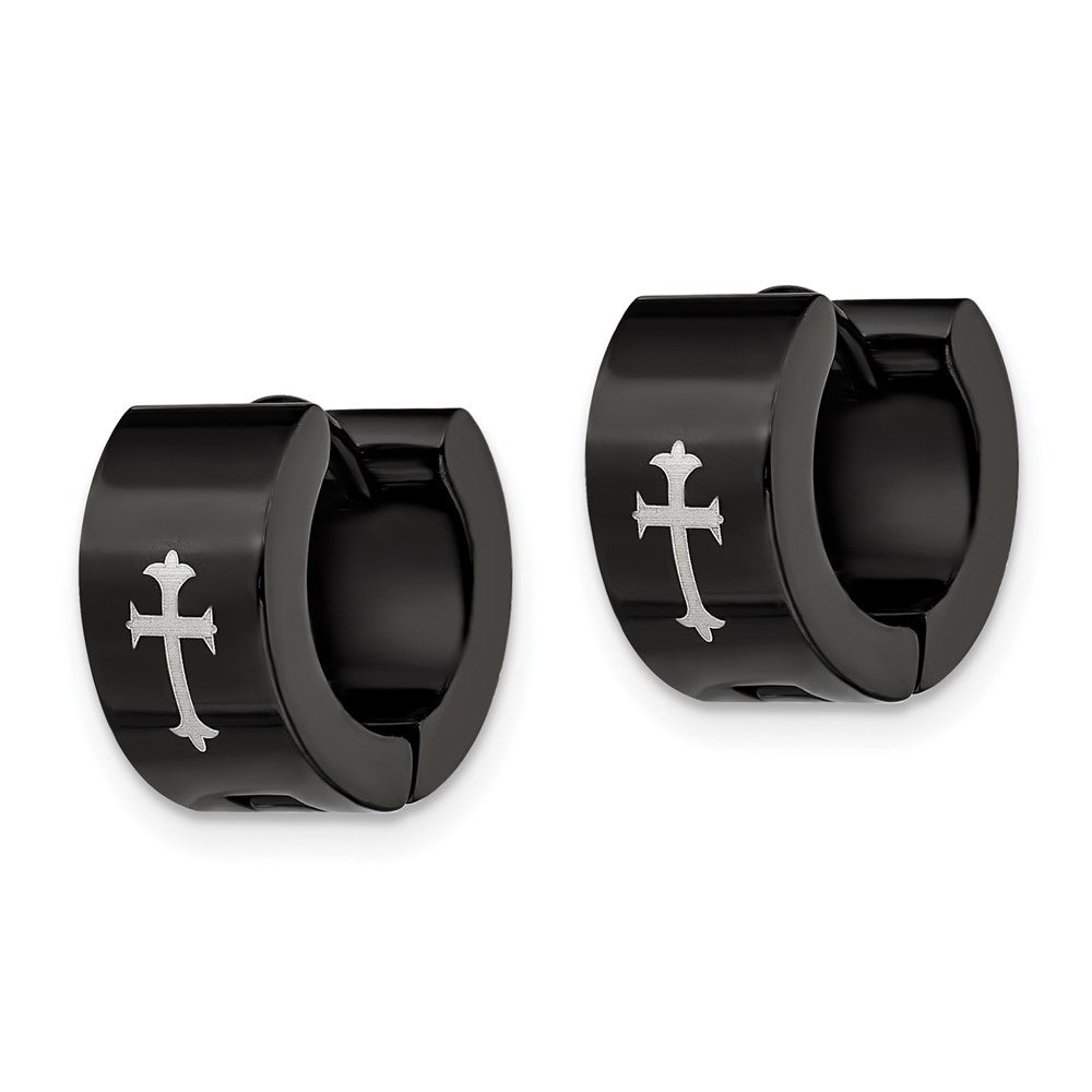 SRE337 Chisel Stainless Steel Black IP-plated 7mm Hinged Hoop with Cross Earrings