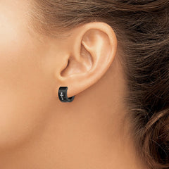 SRE337 Chisel Stainless Steel Black IP-plated 7mm Hinged Hoop with Cross Earrings