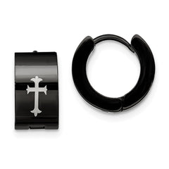 SRE337 Chisel Stainless Steel Black IP-plated 7mm Hinged Hoop with Cross Earrings