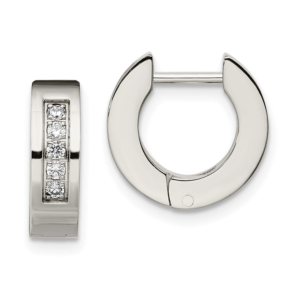 SRE342 Chisel Stainless Steel Polished with CZ 4mm Hinged Hoop Earrings