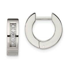 SRE342 Chisel Stainless Steel Polished with CZ 4mm Hinged Hoop Earrings