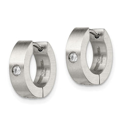 SRE343 Chisel Stainless Steel Brushed with CZ 4mm Hinged Hoop Earrings