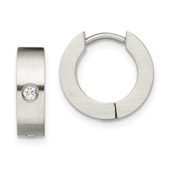 SRE343 Chisel Stainless Steel Brushed with CZ 4mm Hinged Hoop Earrings