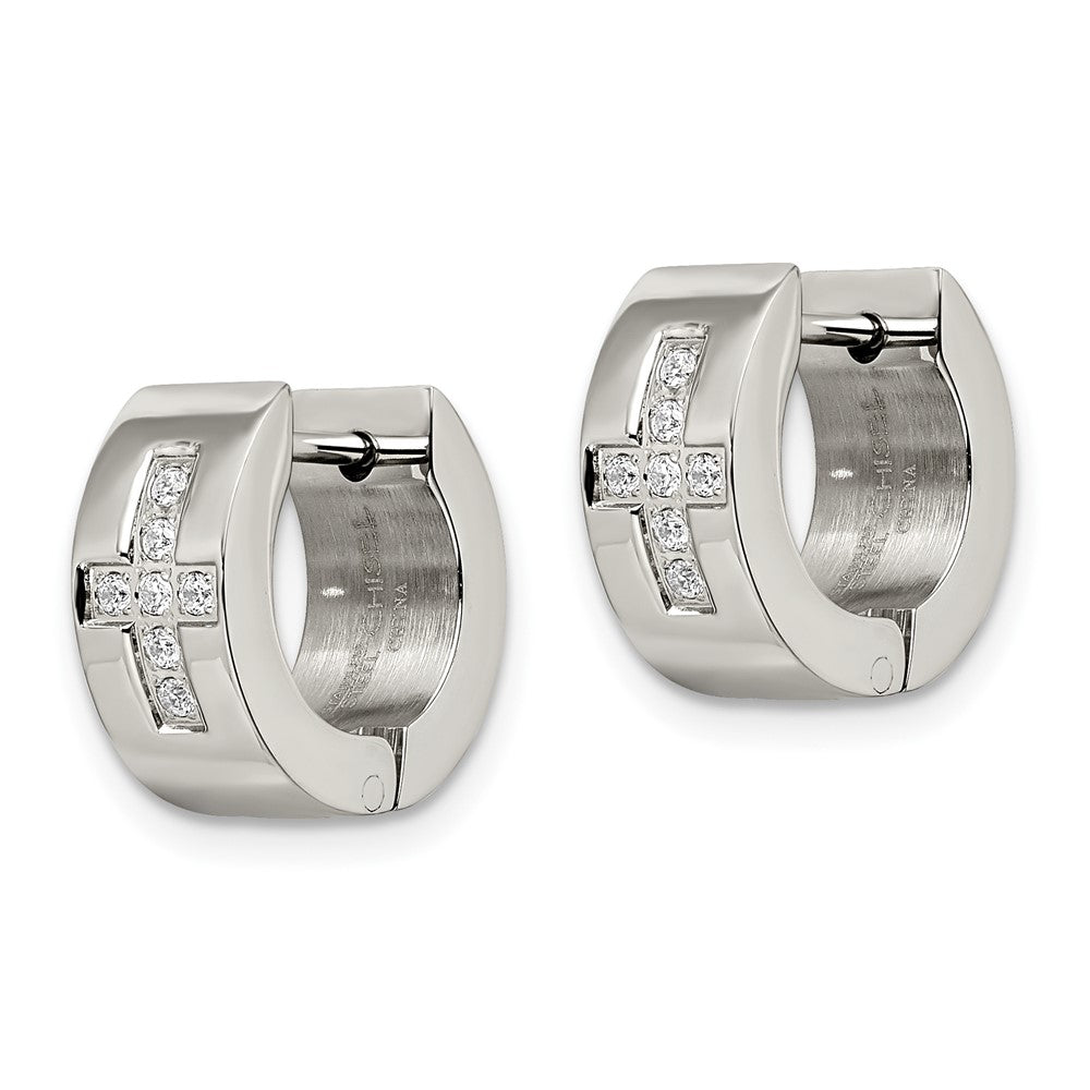 SRE349 Chisel Stainless Steel Brushed and Polished with CZ Cross 6mm Hinged Hoop Earrings