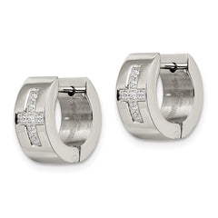 SRE349 Chisel Stainless Steel Brushed and Polished with CZ Cross 6mm Hinged Hoop Earrings