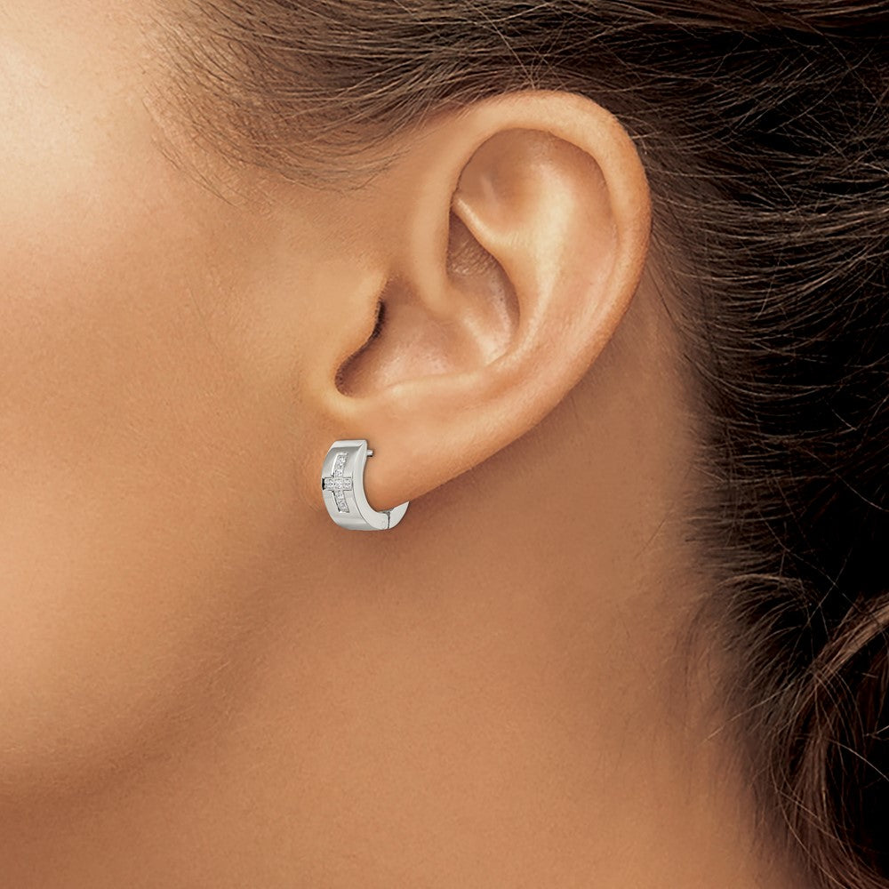 SRE349 Chisel Stainless Steel Brushed and Polished with CZ Cross 6mm Hinged Hoop Earrings