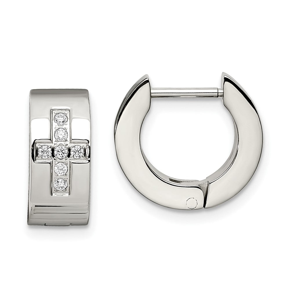 SRE349 Chisel Stainless Steel Brushed and Polished with CZ Cross 6mm Hinged Hoop Earrings