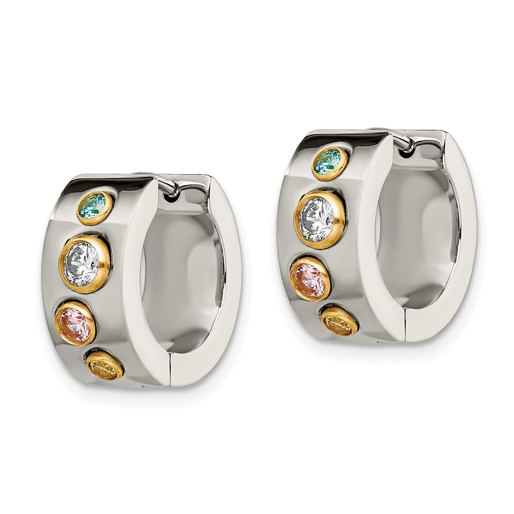 SRE359 Chisel Stainless Steel Polished Yellow IP-plated with Multicolor CZ 7mm Hinged Hoop Earrings