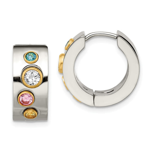 SRE359 Chisel Stainless Steel Polished Yellow IP-plated with Multicolor CZ 7mm Hinged Hoop Earrings