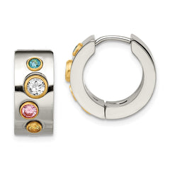 SRE359 Chisel Stainless Steel Polished Yellow IP-plated with Multicolor CZ 7mm Hinged Hoop Earrings