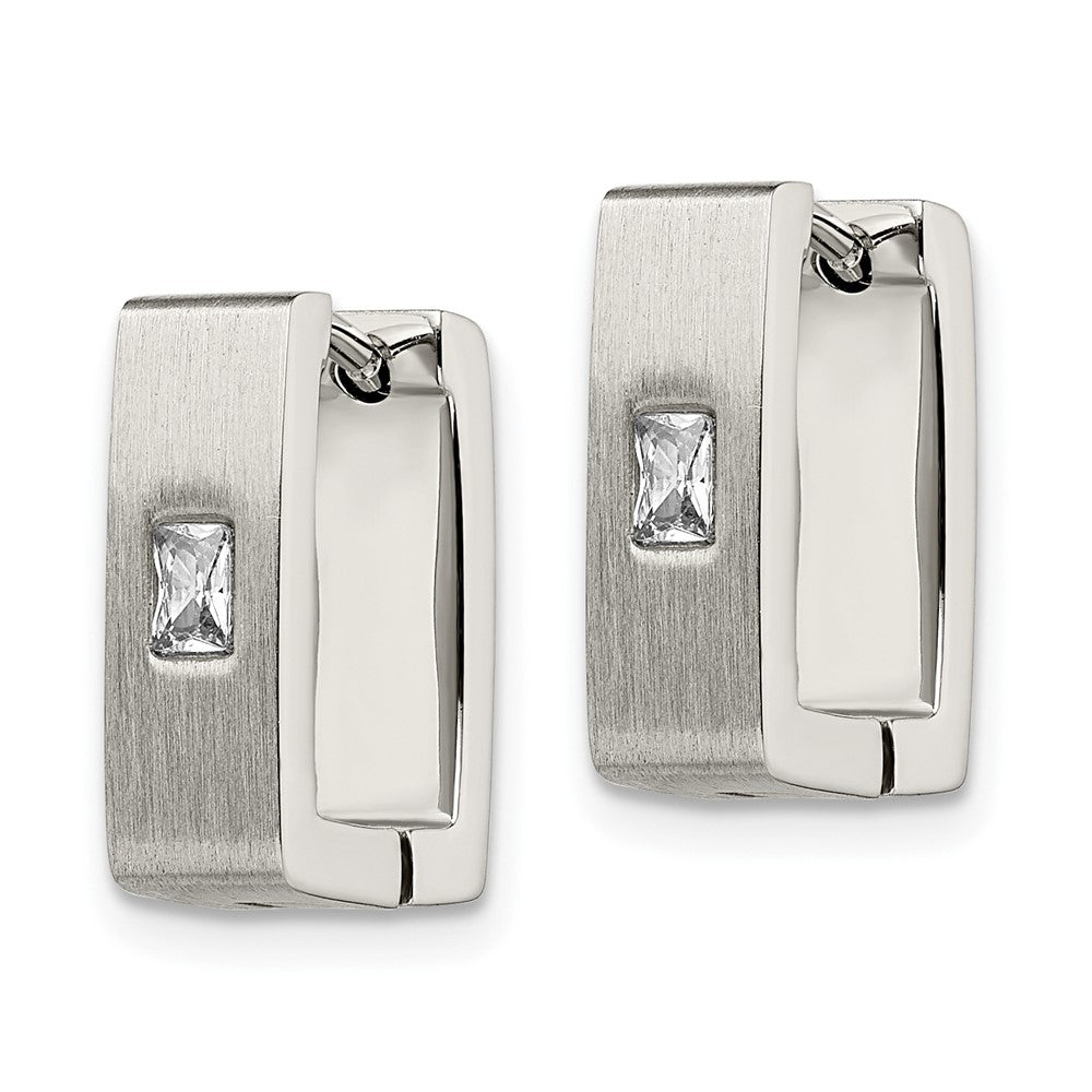 SRE365 Chisel Stainless Steel Brushed and Polished with CZ 5mm Square Hinged Earrings