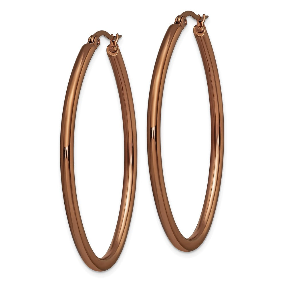 SRE404 Chisel Stainless Steel Polished Brown IP-plated 50mm Diameter 3mm Oval Hoop Earrings