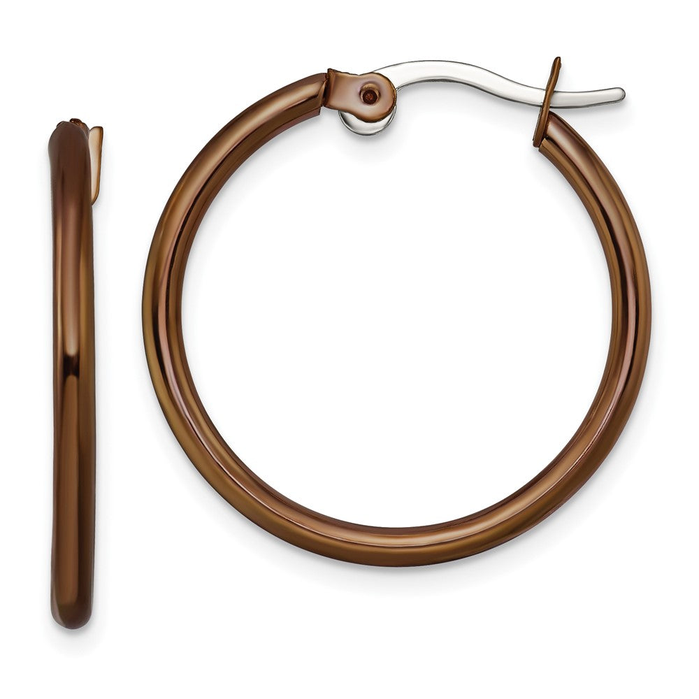 SRE409 Chisel Stainless Steel Polished Brown IP-plated 26mm Diameter 2mm Hoop Earrings