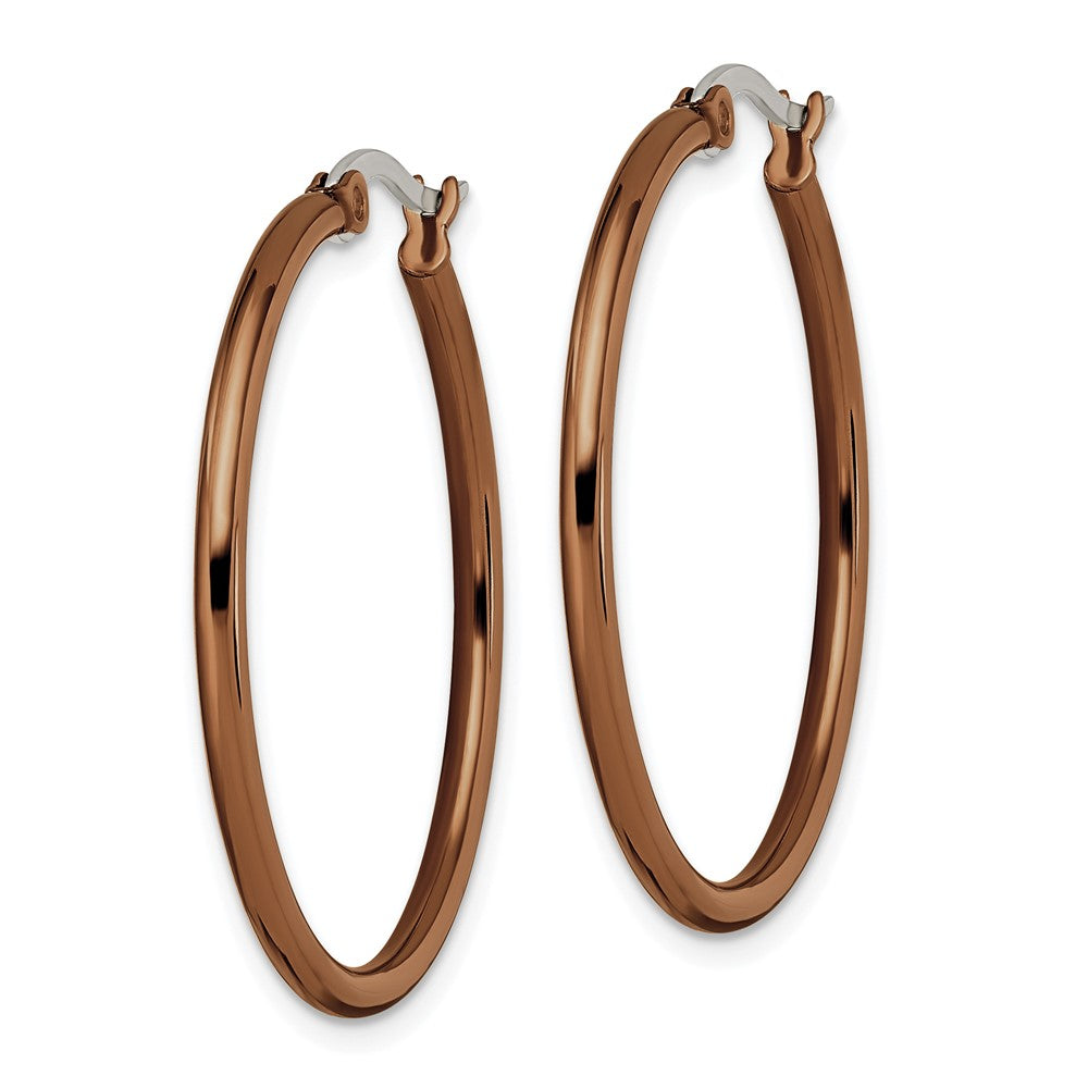 SRE410 Chisel Stainless Steel Polished Brown IP-plated 32mm Diameter 2mm Hoop Earrings