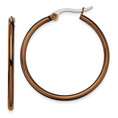 SRE410 Chisel Stainless Steel Polished Brown IP-plated 32mm Diameter 2mm Hoop Earrings