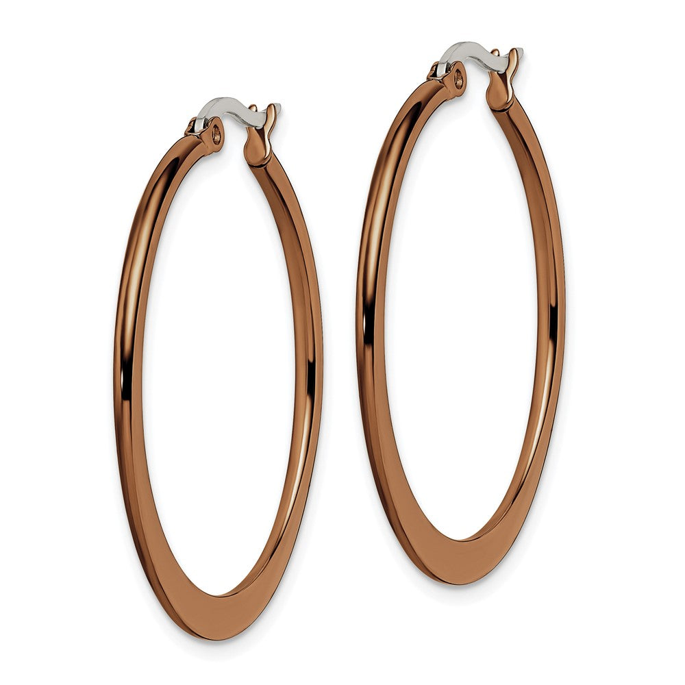 SRE419 Chisel Stainless Steel Polished Brown IP-plated 34mm Diameter Tapered Hoop Earrings