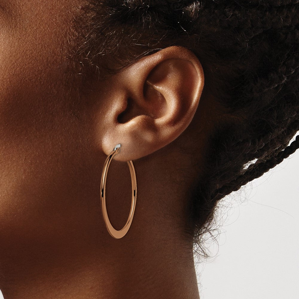 SRE419 Chisel Stainless Steel Polished Brown IP-plated 34mm Diameter Tapered Hoop Earrings